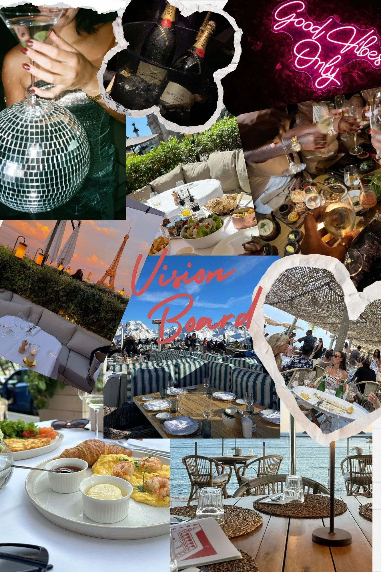 Collage de plusieurs photos de repas et de lieux de vacances en extérieur, avec la Tour Eiffel en arrière-plan, des boissons et des repas, et une ambiance festive et détendue.