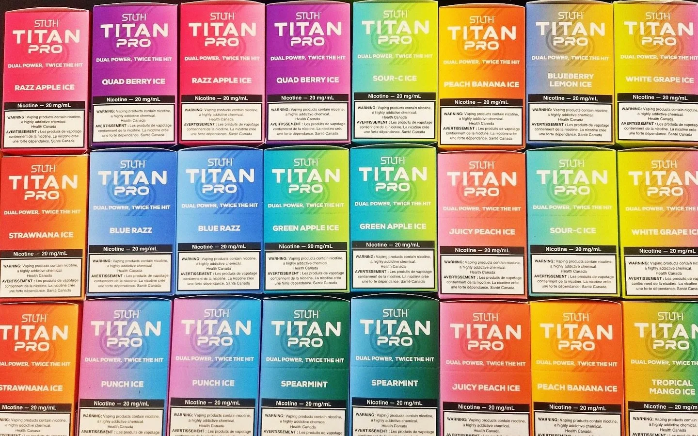 🔥 STLTH TITAN PRO RESTOCK 🔥

All your favorite flavors are back in stock 🍑🍌🍇🍏🍉
Blue Razz &bull; Spearmint &bull; Quad Berry Ice &bull; Juicy Peach Ice &bull; Peach Banana Ice &bull; White Grape Ice &amp; more 💨
Dual Power. Twice the hit. 💥


