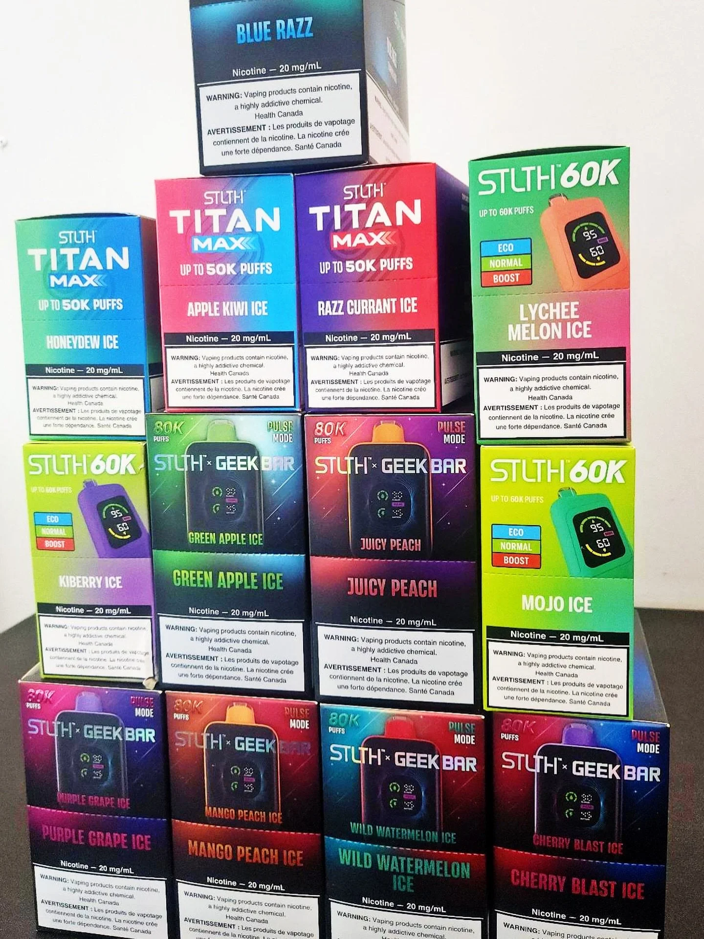 ⚡ STLTH x GEEK BAR + TITAN MAX + 60K IN STOCK ⚡

All the top flavors ready to go 🍏🍑🍇🍉
50K &bull; 60K &bull; 80K puffs options 💨🔥
Eco &bull; Normal &bull; Boost modes available 🚀

📍 Golden Star Oka
Pull up &amp; grab your favorite before they 