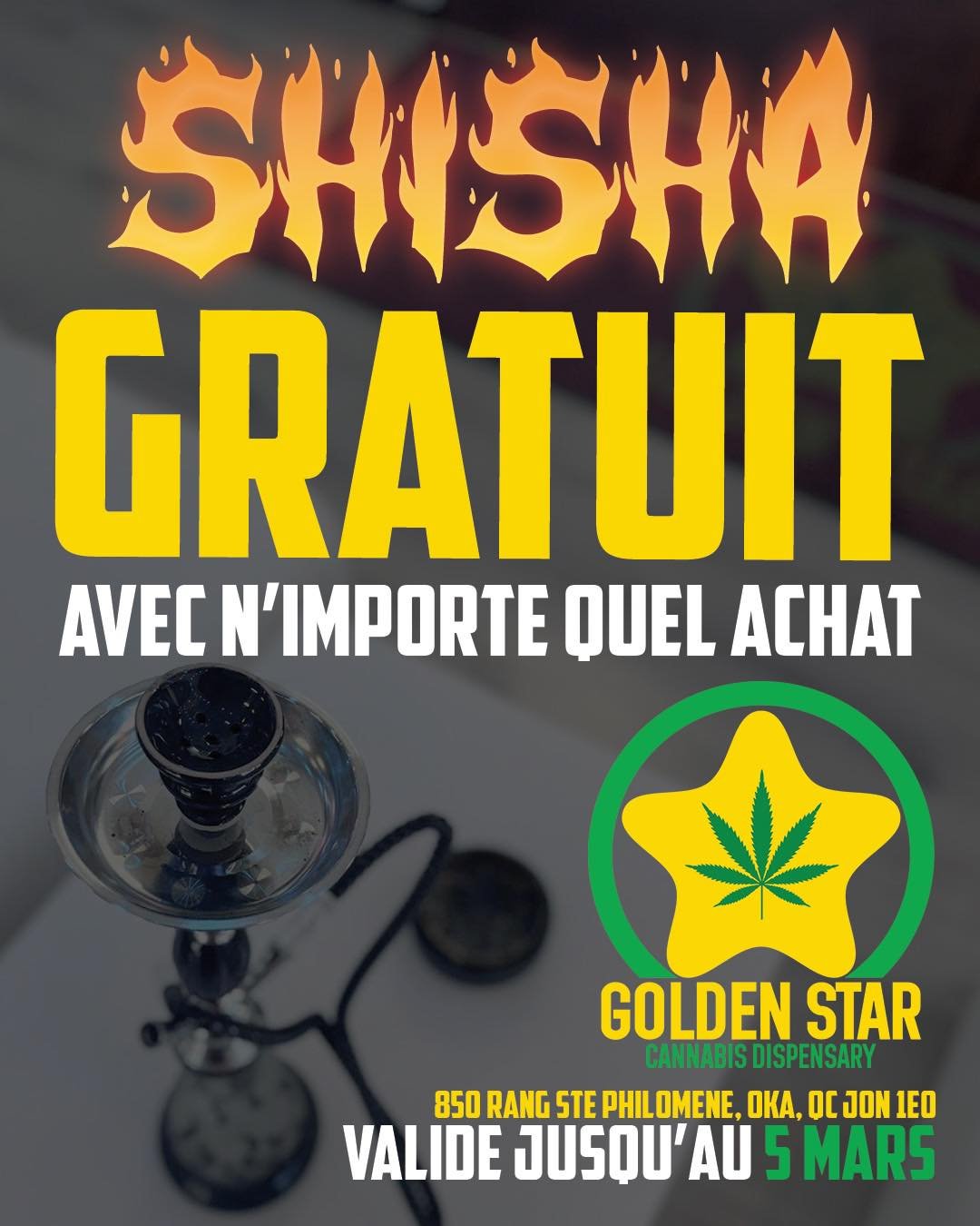 🔥 SHISHA GRATUIT 🔥
Avec n&rsquo;importe quel achat
📅 Valide jusqu&rsquo;au 5 mars
📍 Golden Star Oka

#oka #stoner #goldenstaroka #trending #fyp