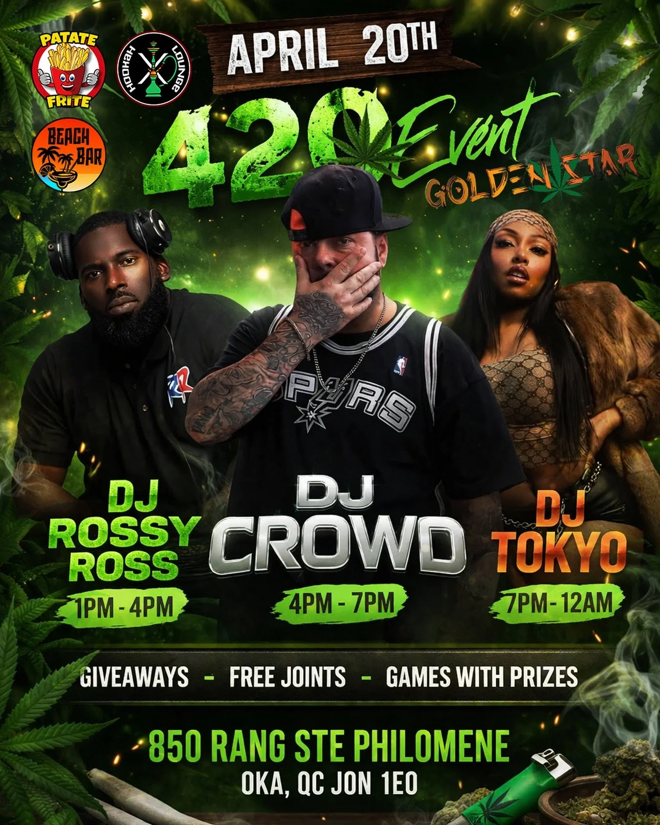 🚨 4/20 EVENT @ GOLDEN STAR 🚨
April 20th 🌿🔥

DJ Rossy Ross &bull; DJ Crowd &bull; DJ Tokyo 🎧
Giveaways 🎁 &bull; Free joints 💨 &bull; Games &amp; prizes 🎯

Pull up with the crew &mdash; &ccedil;a va &ecirc;tre 🔥

#fyp #oka #goldenstar #stoner 