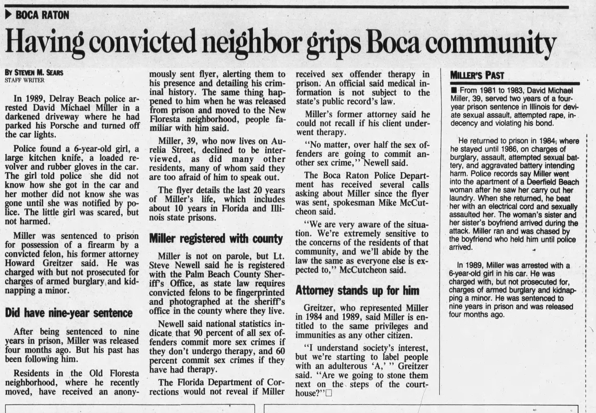 Newspaper article titled 'Having convicted neighbor grips Boca community.' The article discusses David Miller's criminal history, his arrest in 1989 for various offenses, and his background. It includes details about his past crimes, recent legal actions, and community responses, with sections on his past prison sentences, therapy, and the community's awareness of his history.