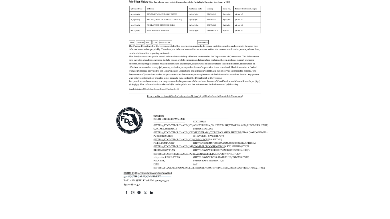 Screenshot of a public record webpage displaying prior prison history, quick links to resources, and contact information for the Florida Department of Corrections.