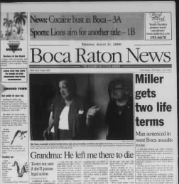 Front page of Boca Raton News featuring headlines about local sports and a photo of two people, one pointing.