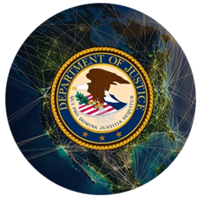Seal of the U.S. Department of Justice overlaying a world map with connecting lines.