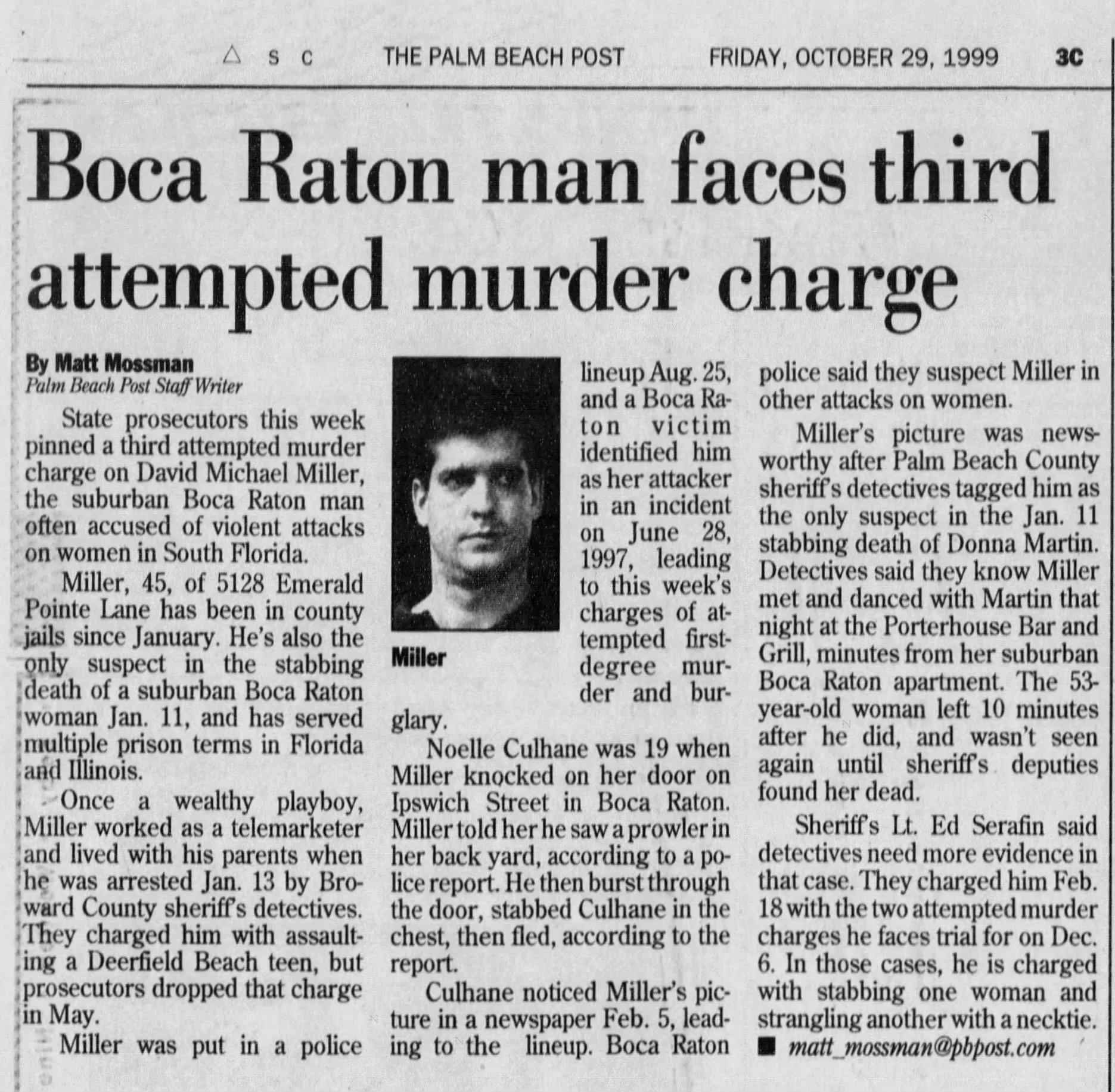 Black and white news article from The Palm Beach Post, dated October 29, 1999, with a headline about Boca Raton man facing third attempted murder charge, featuring a small portrait of David Michael Miller.