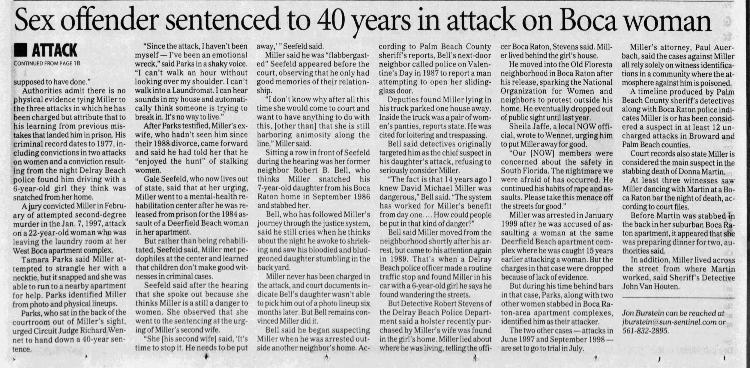 Newspaper article headline reads, "Sex offender sentenced to 40 years in attack on Boca woman." The article discusses the case of a man named Miller, who was convicted of attacking a woman and related crimes, including prior assaults and legal proceedings.
