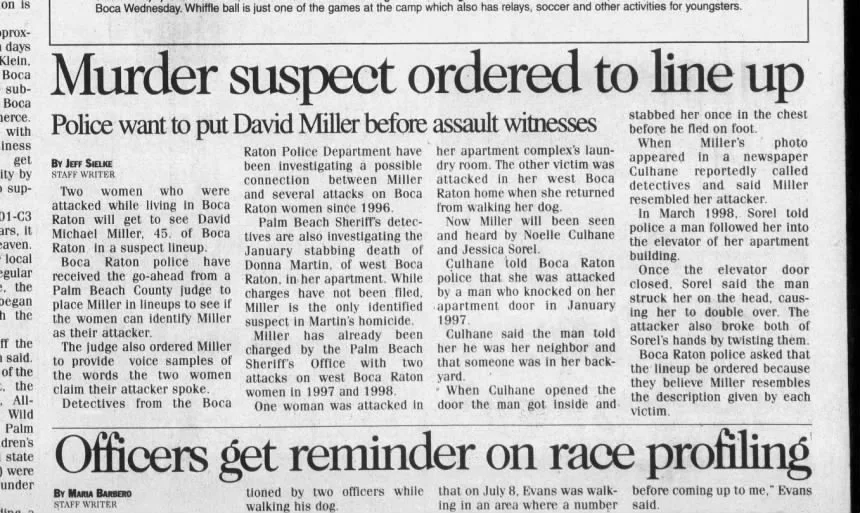 Black and white newspaper article titled "Murder suspect ordered to line up" with smaller headline "Officers get reminder on race profiling". Contains text about a murder suspect named David Miller, investigation details, and police actions.