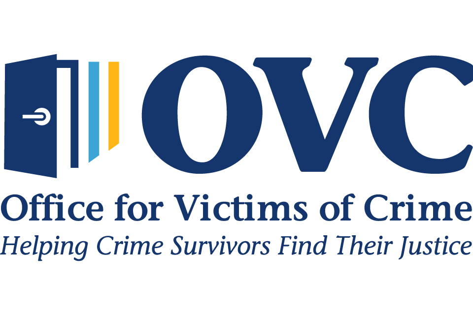 Logo of the Office for Victims of Crime featuring an open door with blue, light blue, and yellow stripes and the acronym 'OVC' with the tagline 'Helping Crime Survivors Find Their Justice'.