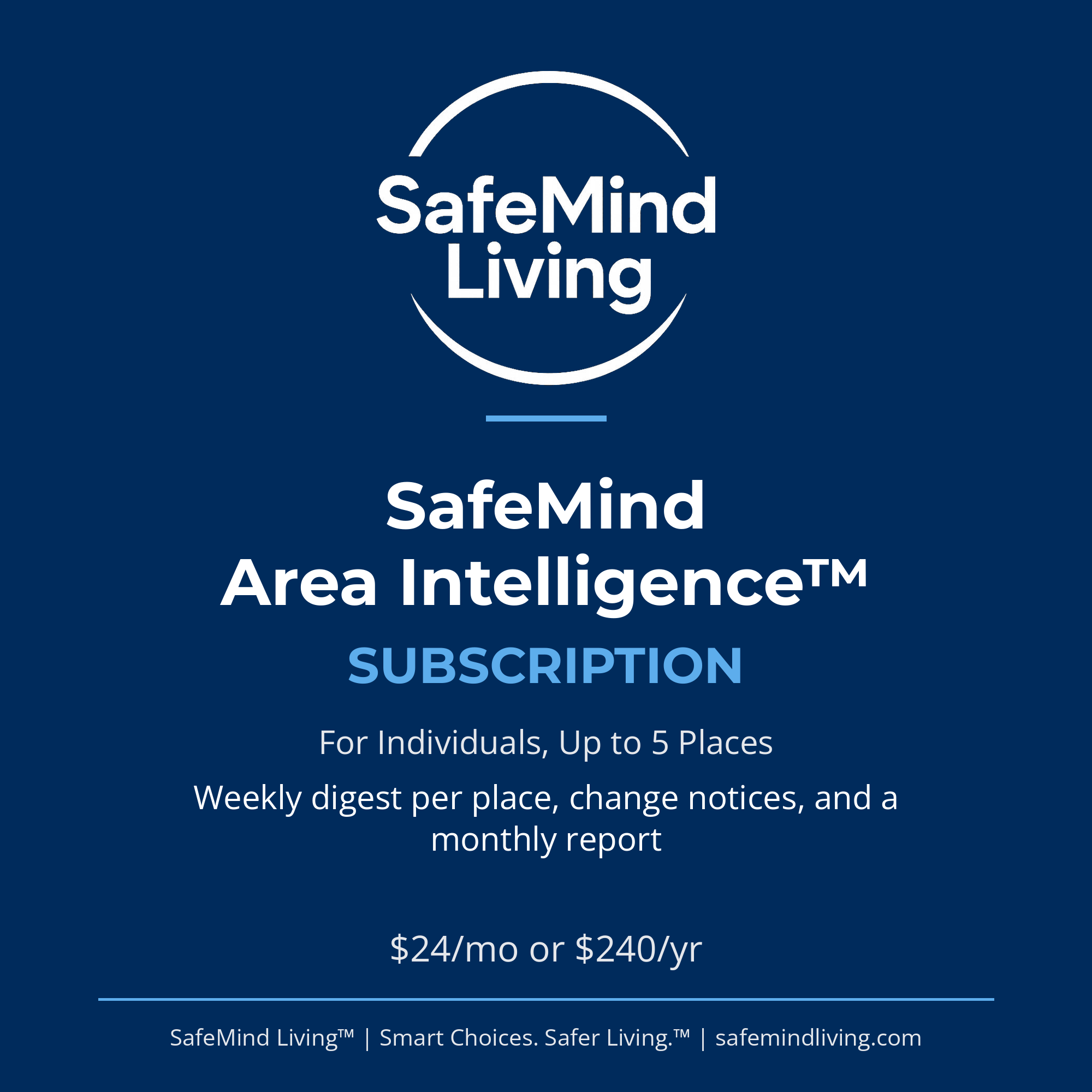 Screenshot of SafeMind Living subscription plan advertisement detailing features, pricing, and contact information.
