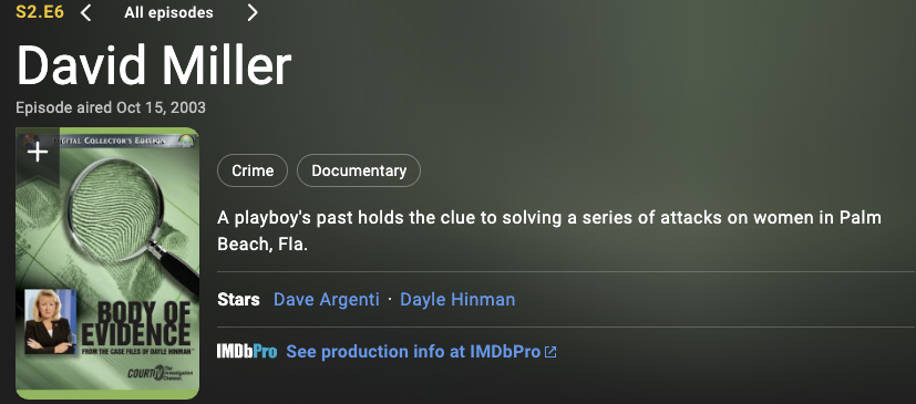 Screenshot of the TV show 'David Miller' episode details, aired on October 15, 2003, featuring a green fingerprint under a magnifying glass, and a smaller image of a woman in a black blazer.