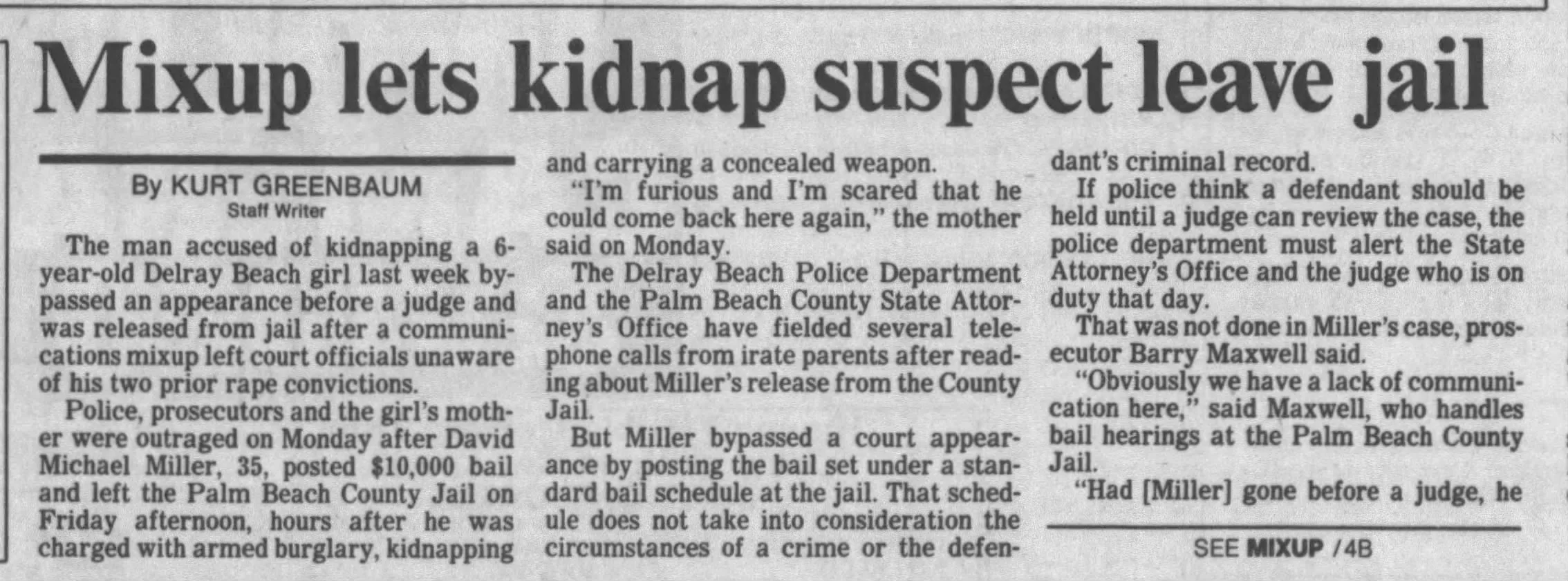 Black and white newspaper article titled "Mixup lets kidnap suspect leave jail," discussing the case of David Michael Miller, a man accused of kidnapping a girl and posting bail, with details about his court appearance and legal situation.