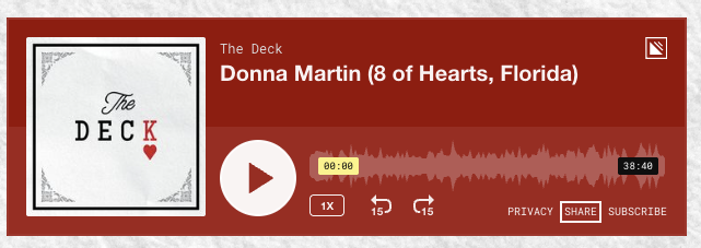 Screenshot of a podcast titled "The Deck" featuring Donna Martin from Florida, with playback controls and a red background.