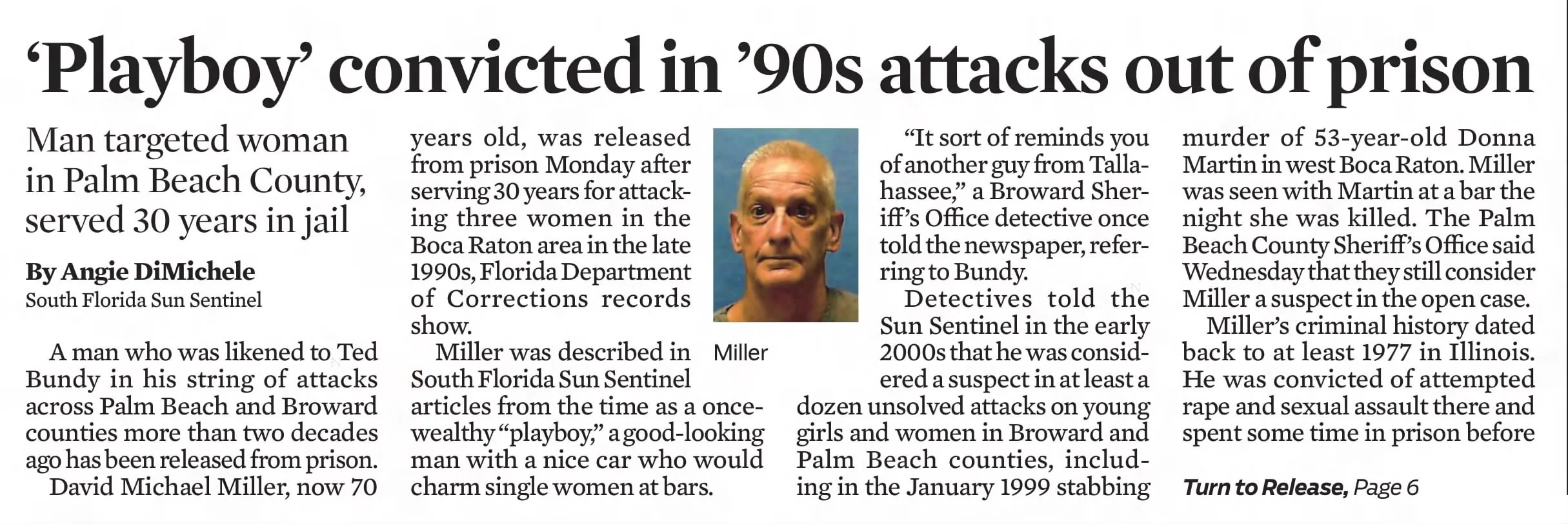 Newspaper article titled ‘‘Playboy’ convicted in ’90s attacks out of prison’ with a photo of a man with short light hair and a serious expression.