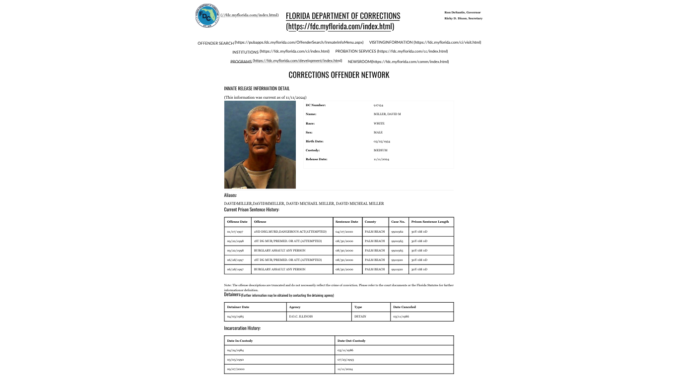 Document from the Florida Department of Corrections with a mugshot of a man, details include inmate's name, race, sex, birth date, custody level, release date, and prison history.