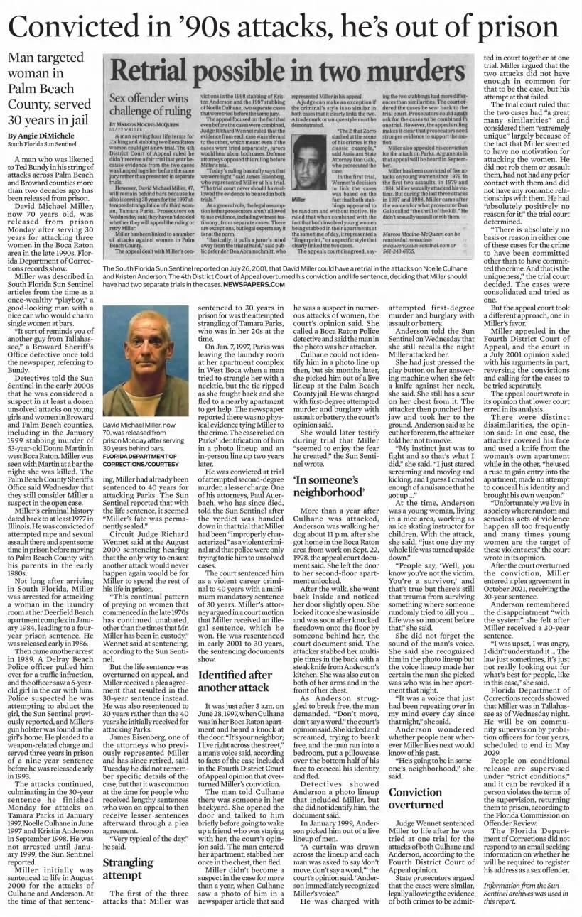 Newspaper article about David Miller, convicted of two murders, being released from prison after 30 years.