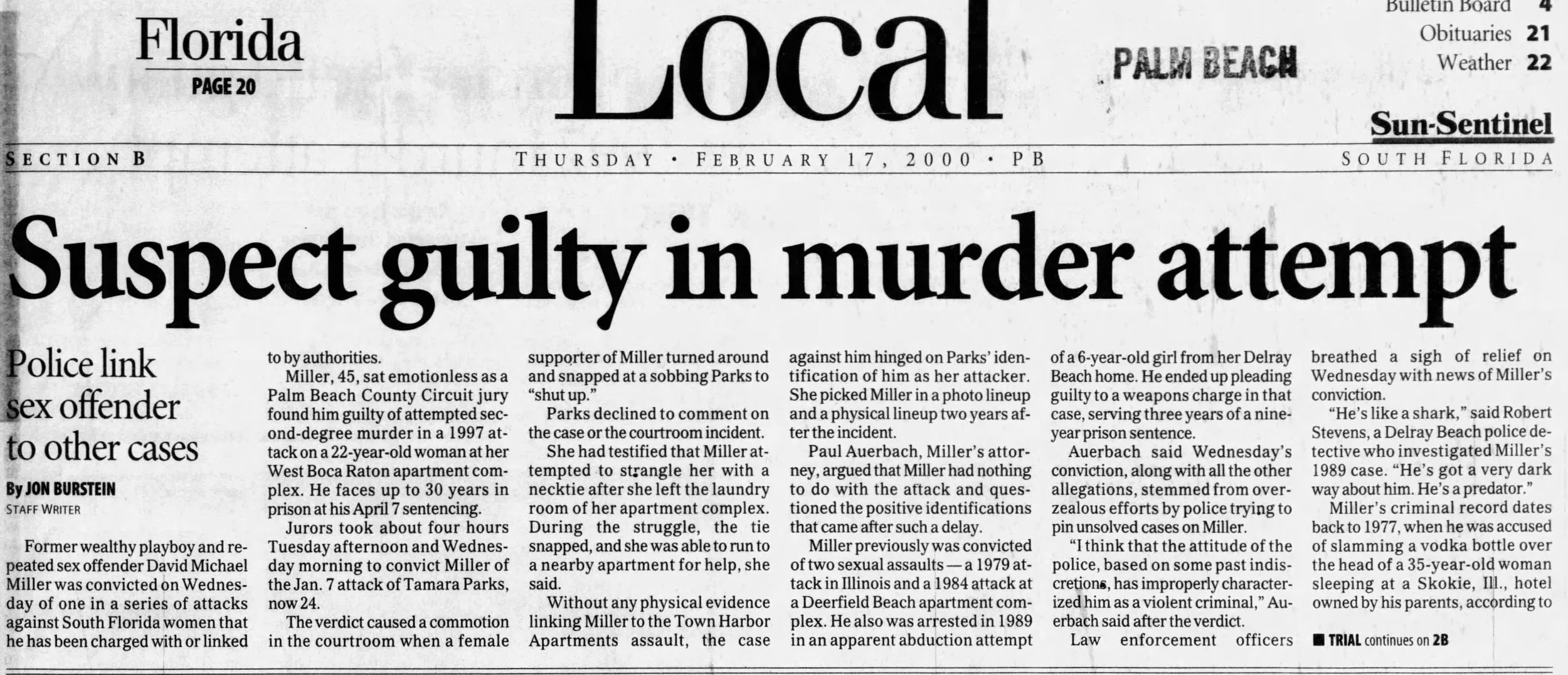 Newspaper headline reading 'Suspect guilty in murder attempt' from the Sun-Sentinel newspaper, dated February 17, 2000, in South Florida.