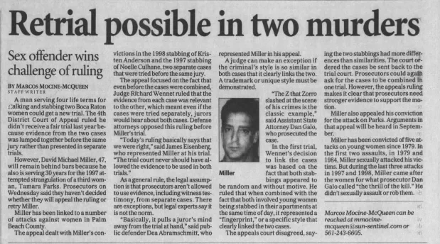 The front page of a newspaper featuring an article with the headline 'Retrial possible in two murders,' discussing a case involving a sex offender and legal proceedings.