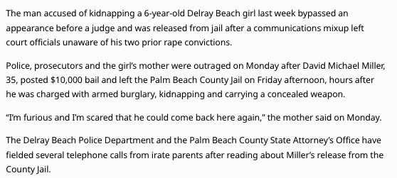 Text excerpt about a kidnapping case involving a 6-year-old girl in Delray Beach, highlighting police and prosecutor reactions, bail details, and community concerns.