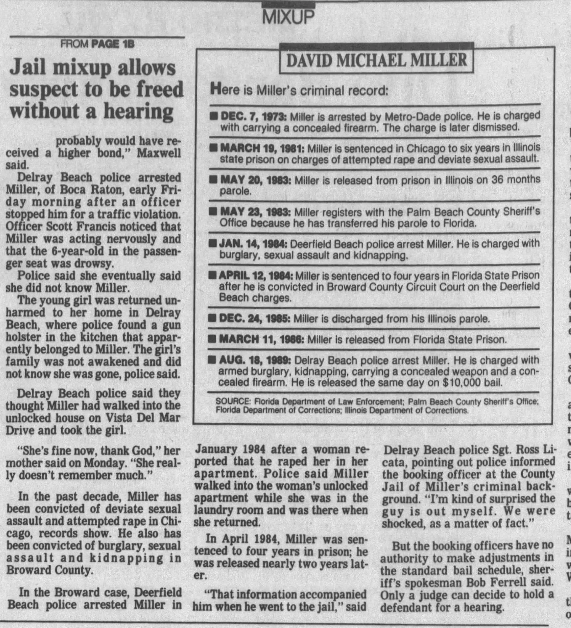 A newspaper article featuring David Michael Miller's criminal record with dates and charges, and text about his arrest history.
