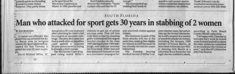 Headline of newspaper article: 'Man who attacked for sport gets 30 years in stabbing of 2 women.'