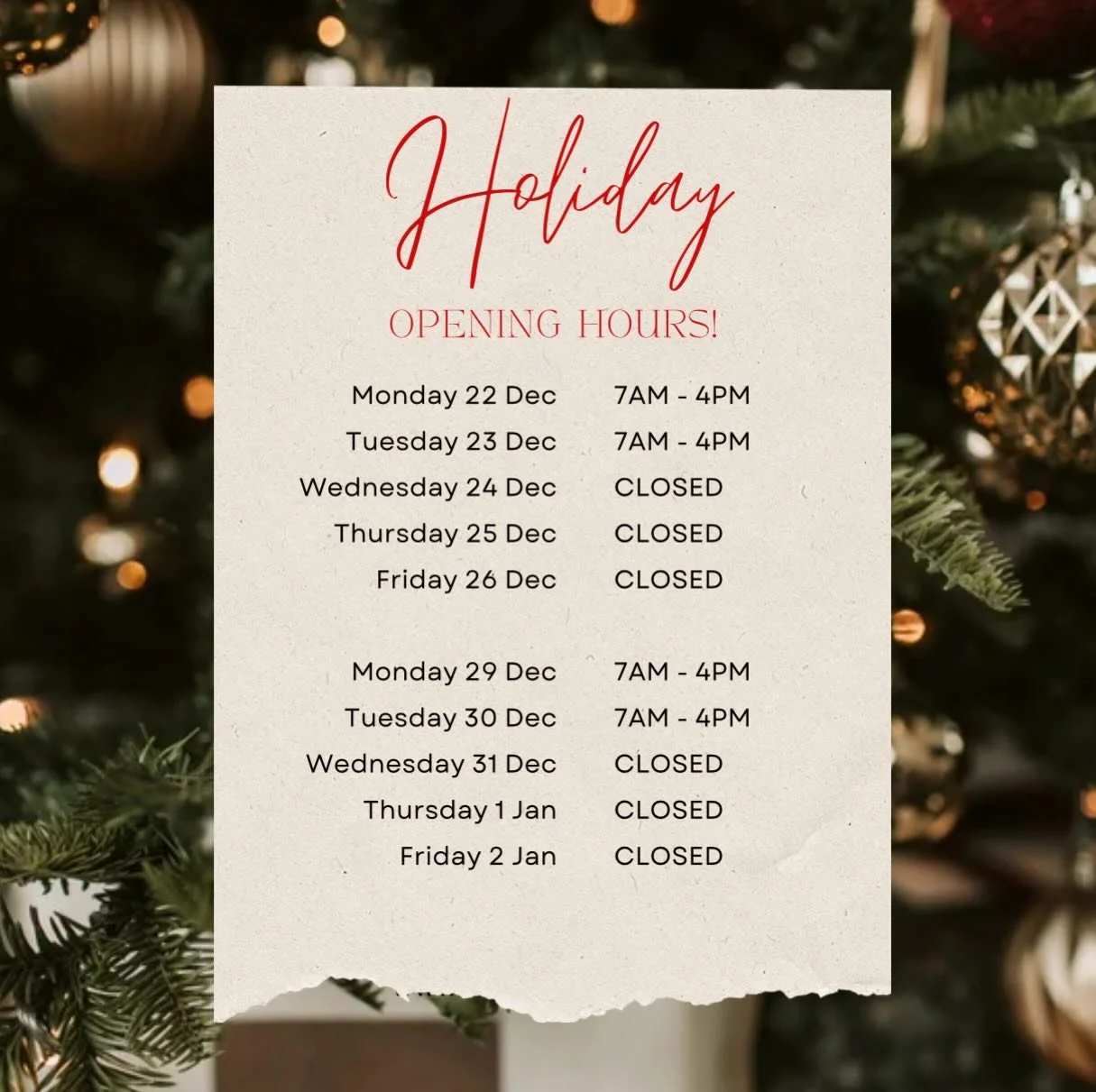 🎄 Holiday Hours 🎄
Open: Dec 22 &amp; 23, Dec 29 &amp; 30
Closed: Dec 24&ndash;26, Dec 31&ndash;Jan 2

Wishing everyone a happy and healthy holiday season!