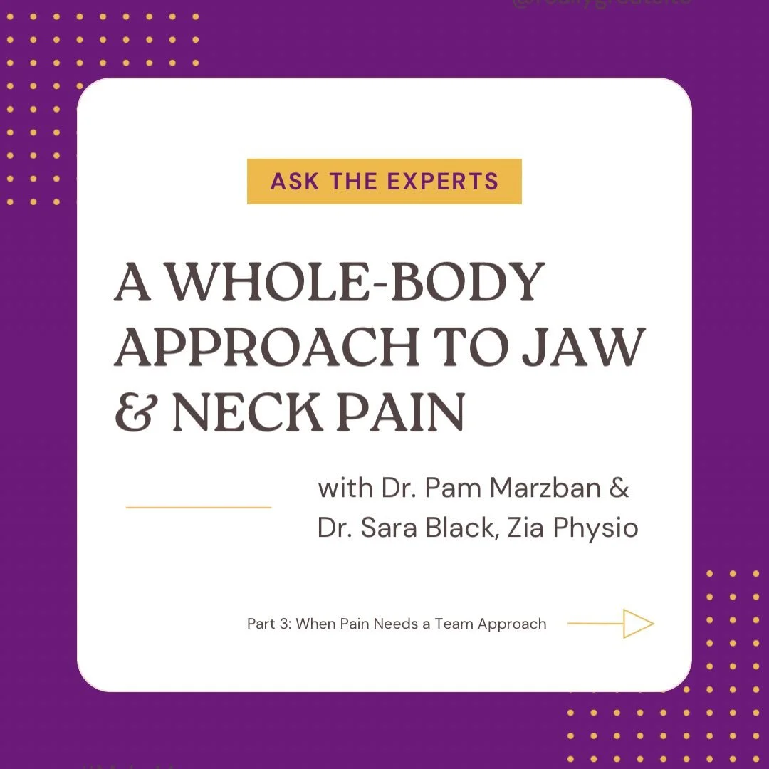 Jaw pain doesn&rsquo;t always exist in isolation.

In Part 3 of our Ask the Experts series, Dr. Marzban and Dr. Sara Black of Zia Physio explore when symptoms may benefit from a collaborative approach between dentistry and physical therapy.

When pro