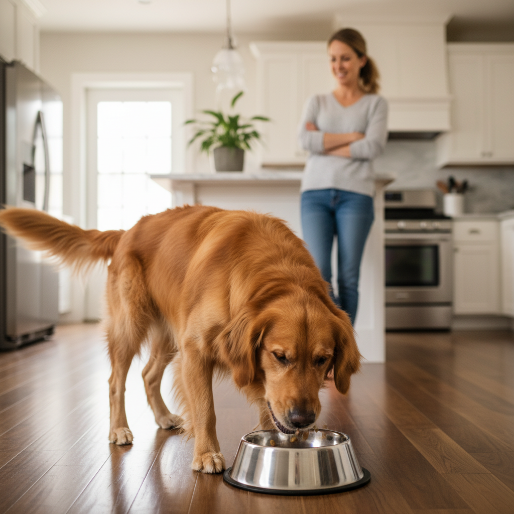 Happy healthy dog eating after CanopyVet guidance