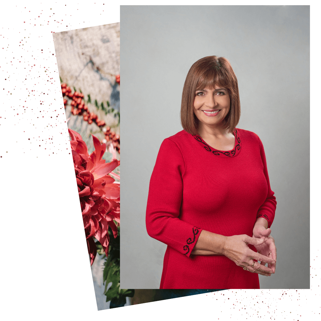 Grecia Ibarra NP the owner of Swan Wellness Center in Tampa, FL with shoulder-length brown hair wearing a red dress with black decorative accents, smiling, standing against a plain light gray background.