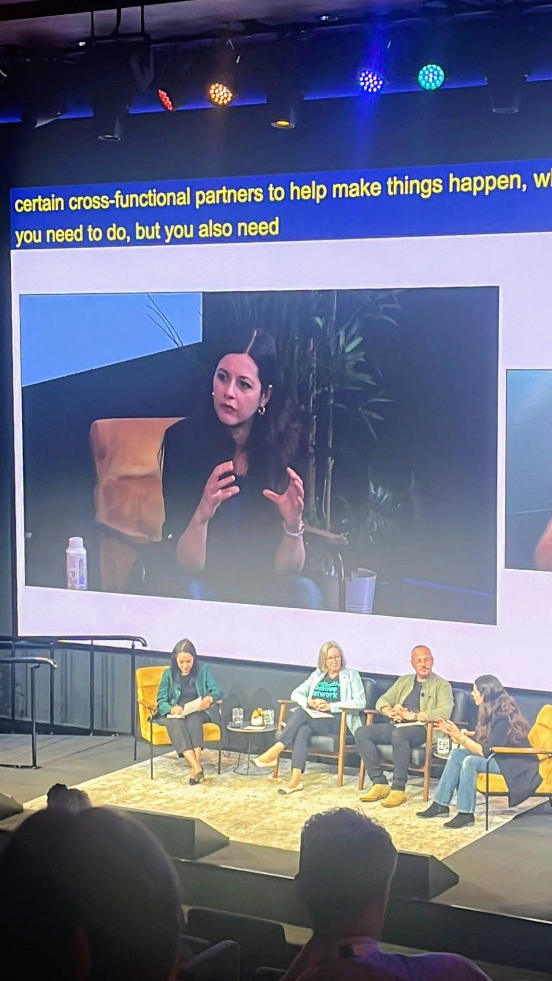 Panel discussion with four people seated on stage, large screen behind showing Elaine Carroll speaking, audience members visible in foreground.