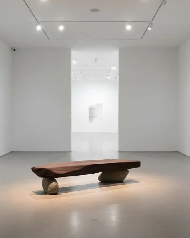 Banca de madera con patas de piedra, diseño hecho para exterior