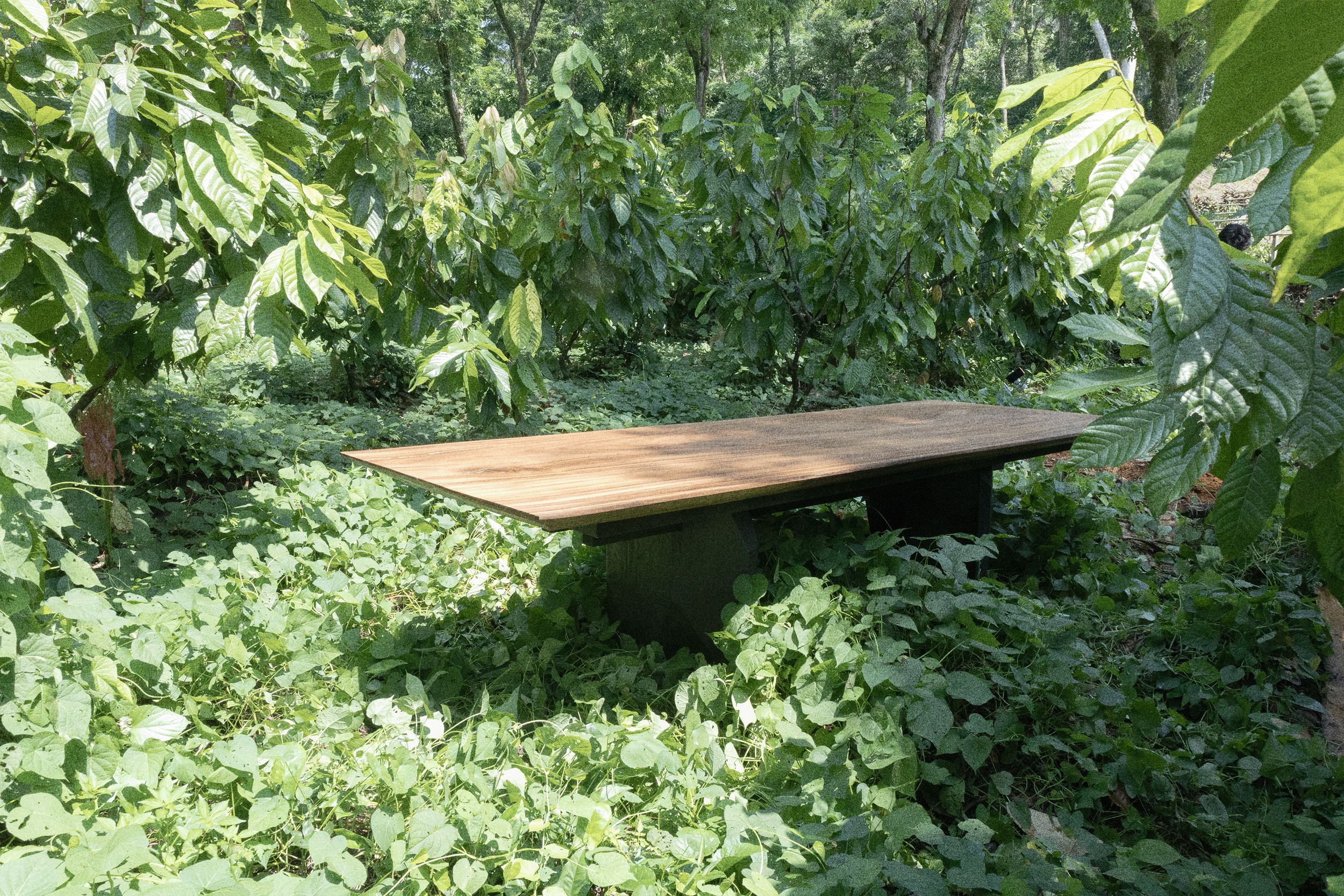 Mesa de comedor externo hecha de parota con piernas de primavera usando la técnica shou sugi ban