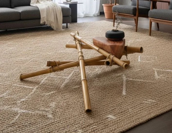 Mesa escultórica de madera con base de tubos de bambú.