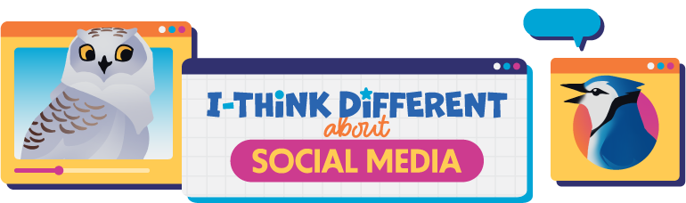 Illustration featuring an owl and a kingfisher in social media profiles with text "I-Think Different about Social Media".