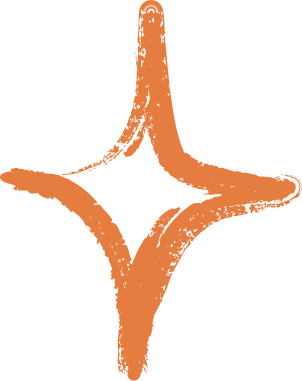 Stylized orange abstract symbol with three curved lines converging at a point.