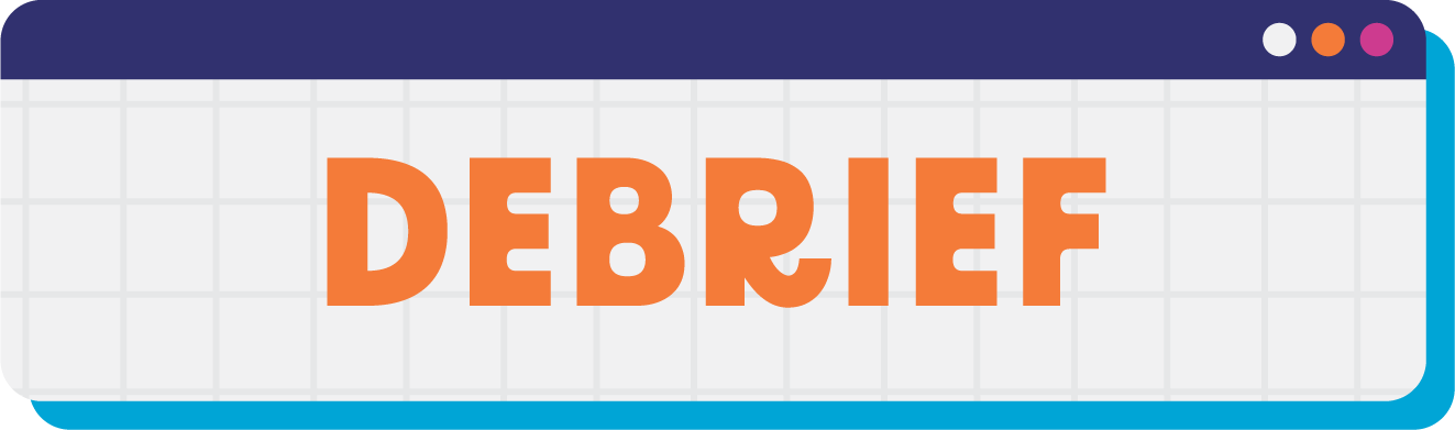 Illustration of a web browser window with the word "DEBRIEF" in bold orange text.