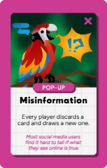 A pop-up card from a game titled 'Misinformation' showing a colorful parrot with a speech bubble containing '?!' and an explanation about players discarding and drawing cards, with a note on social media misuse.