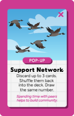 Pink support network card with purple header, showing flying birds and clouds, and a pink 'X' in the top right corner.