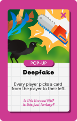 A card from the game Deepfake featuring a landscape with trees, a bear, and a train, with purple and yellow background, and text asking if it's real life or just fantasy.