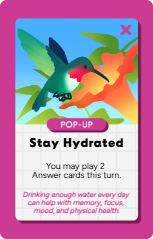 Colorful illustration of hummingbirds around a water droplet with text promoting hydration and health benefits