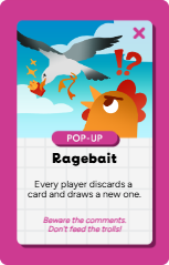 A colorful card from a game with a flying bird, a surprised animal, and other fantasy elements. The card is labeled 'POP-UP Ragebait' and has warnings about in-game comments.