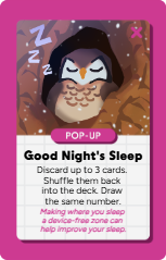A penguin sleeping, surrounded by stars and hearts, with a pink background. Text indicates a sleep-themed game with options to discard or draw cards.