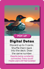 Digital detox app screen with sunset background, duck illustration, and pop-up message about discarding cards for digital detox
