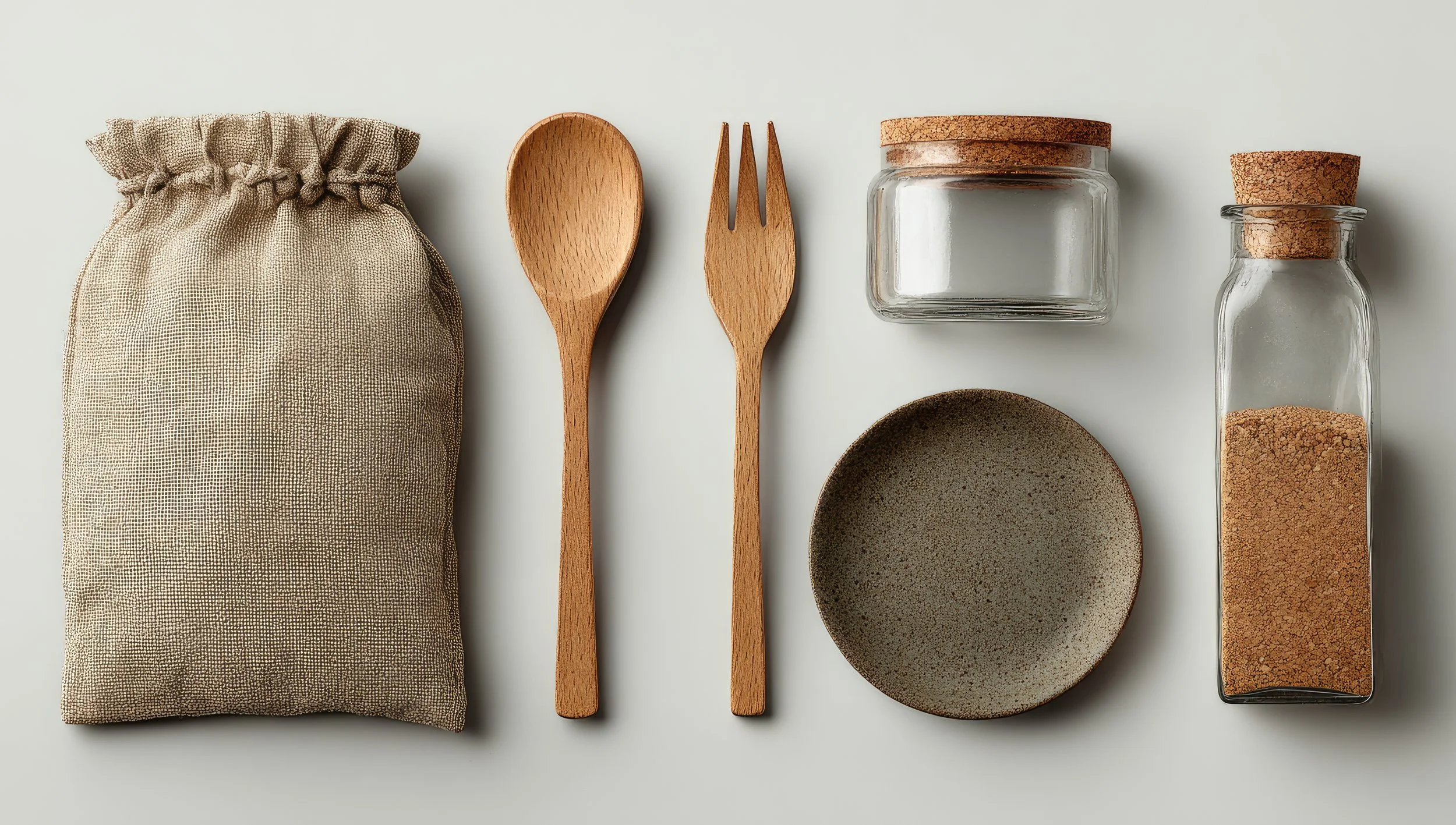 Arrangement of ceramic dishes and bowls, with cinnamon sticks in a small rustic cup on a shelf.
