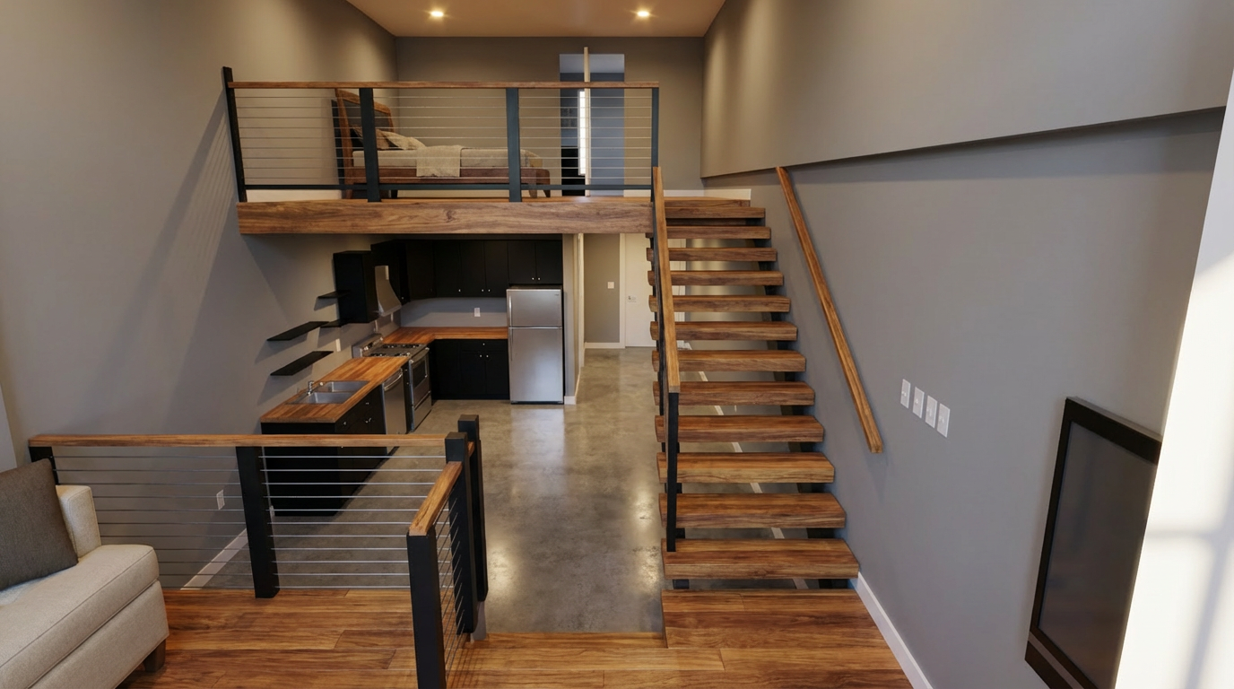 Interior view of a modern two-story home with a wooden staircase, black railing, kitchen area with black cabinets, and a balcony overlooking the space.