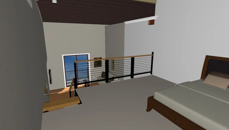 Interior view of a modern apartment with a bed, a staircase, beige rectangular pillow.
