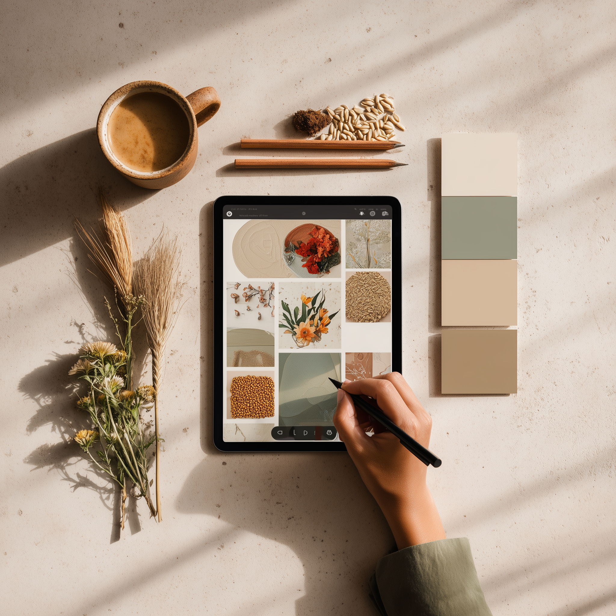 A person's hand using a stylus on a tablet displaying a collage of earthy tones and nature-inspired images. The workspace includes a cup of coffee, dried flowers, sunflower seeds, and a color palette with shades of beige, green, and light brown on a light-colored surface.