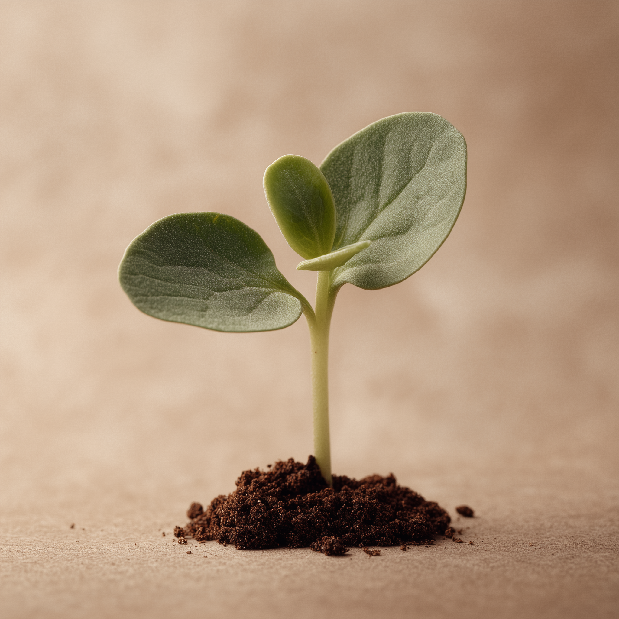 Close-up of a young green plant sprouting from dark soil, with two rounded leaves and a small bud