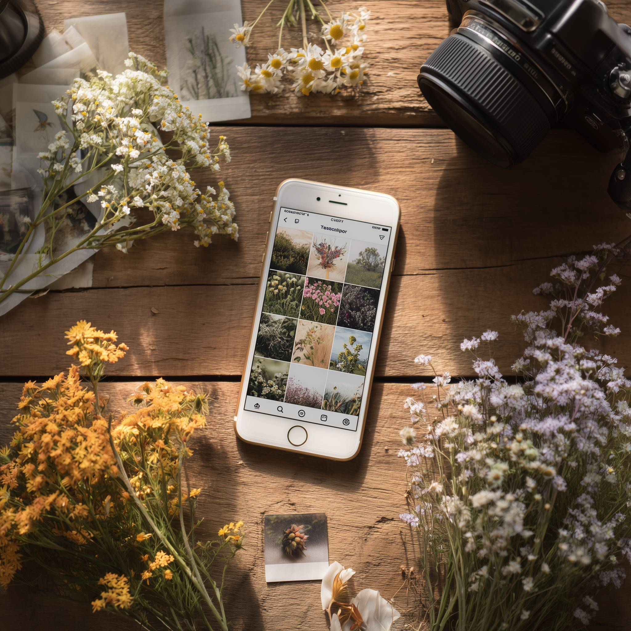 A wooden table with various flowers, a camera, a smartphone showing a floral photo app, and a small printed photo.