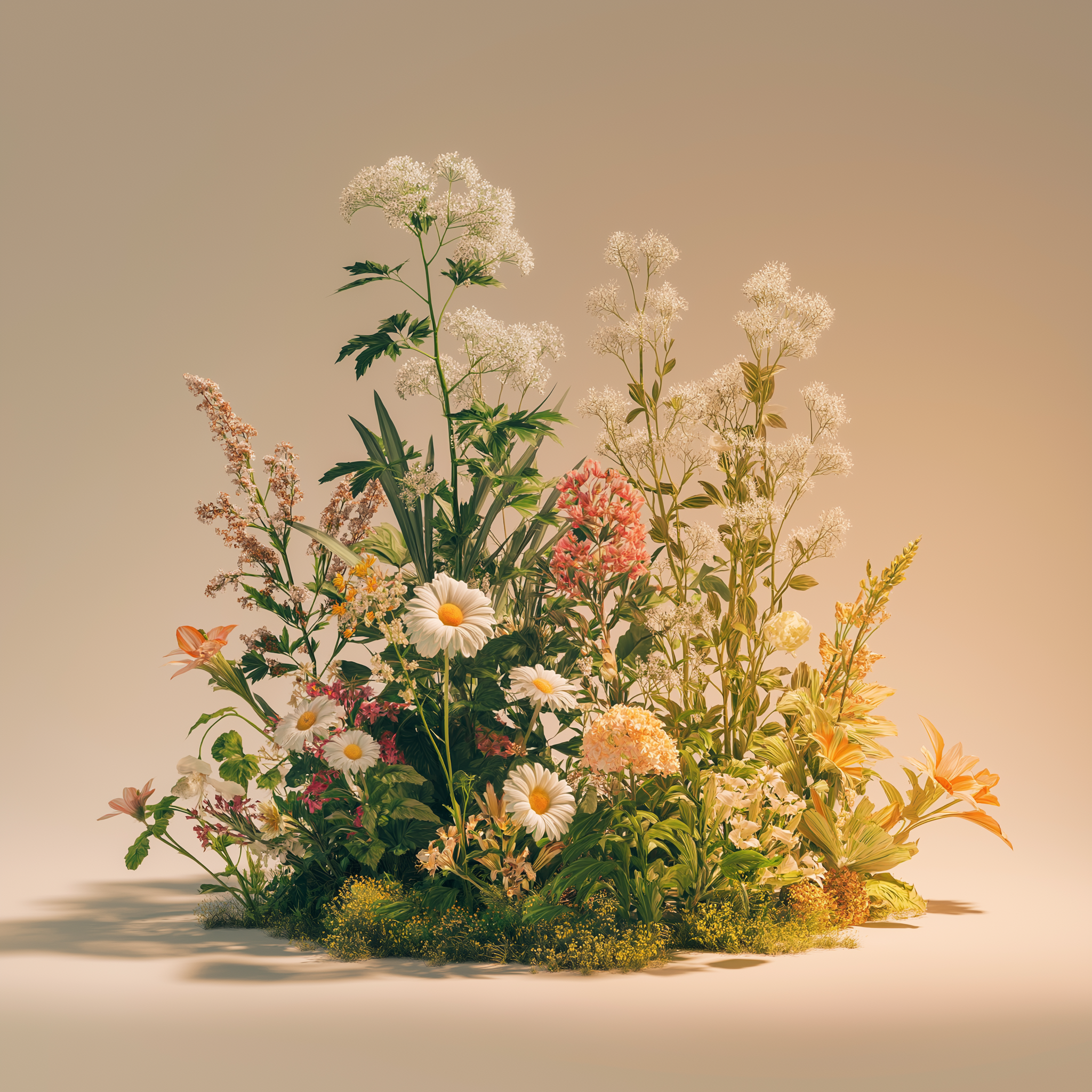 A colorful arrangement of various flowers including daisies, lilies, and other garden flowers on a neutral background.